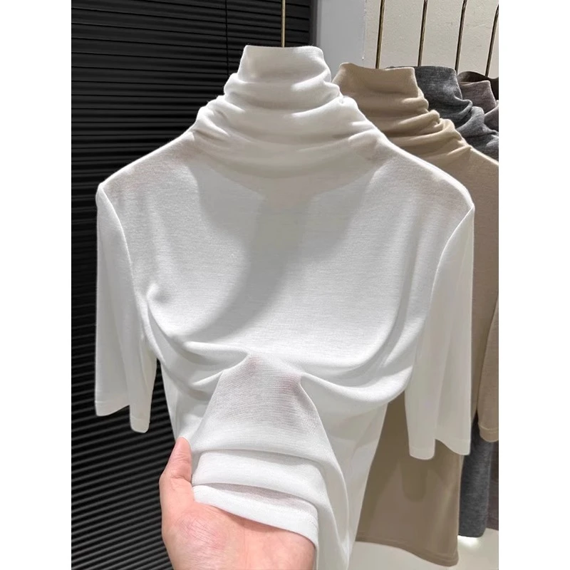 洋气堆堆领五分袖小衫上衣内搭高领打底衫春秋薄款针织中袖T恤女