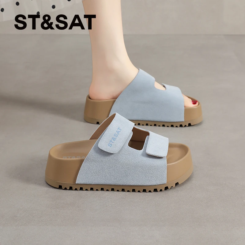 星期六厚底一字拖女2025夏季松糕底透气拖鞋百搭外穿露趾休闲凉鞋