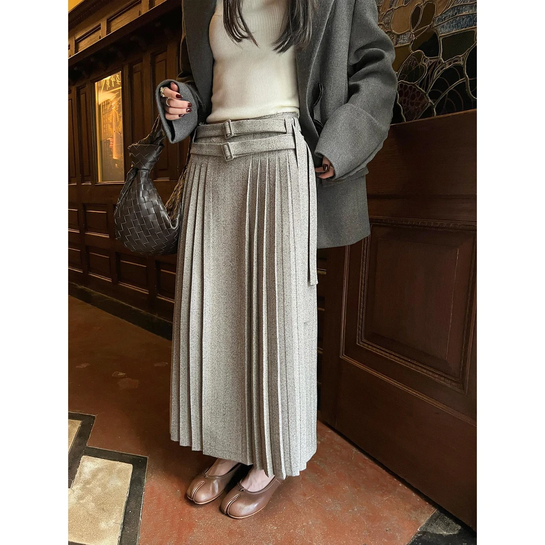 区区欧阳【allgrey铁塔日落】人字纹复古西装绑带直筒百褶长裙女