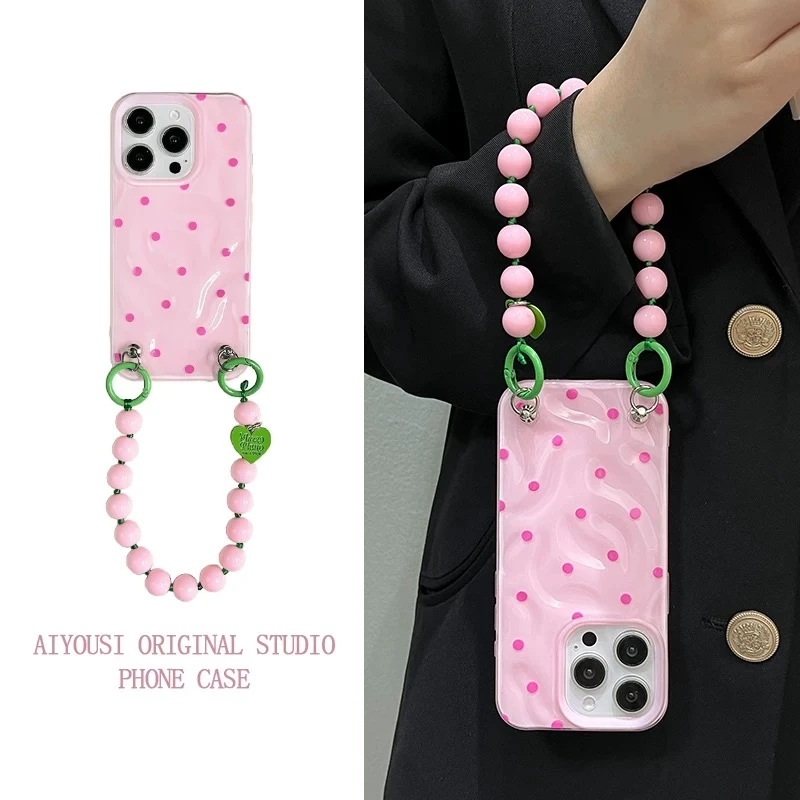 少女心粉底波点手提链适用iPhone16pro手机壳苹果15promax褶皱14