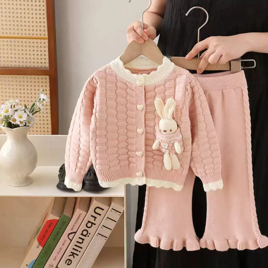 女童毛衣儿童外套2025新款针织套装卡通小兔子女孩裤子两件套