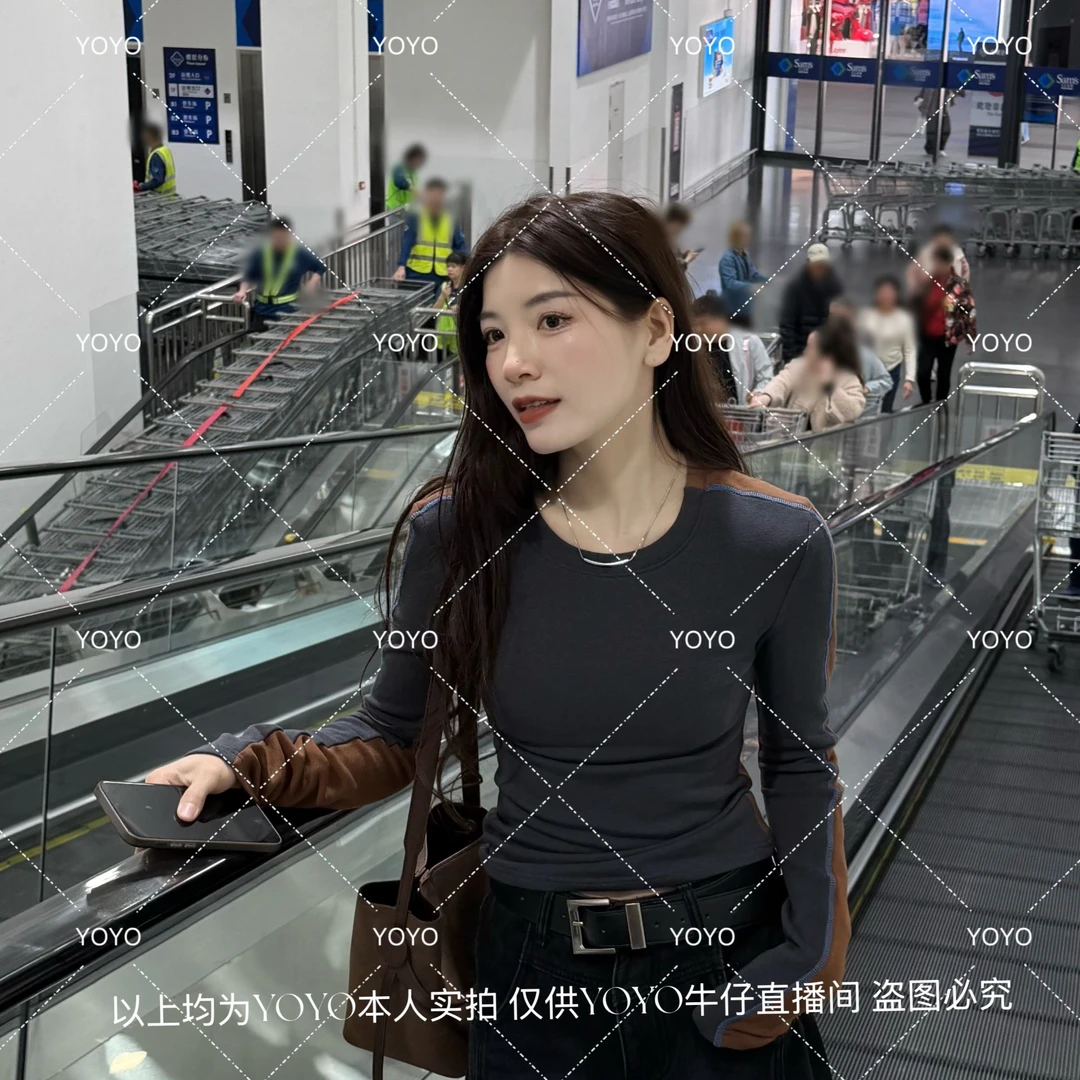 YOYO自制2【双面拼色】磨毛冬款显瘦修身辣妹拼接设计感长袖上衣