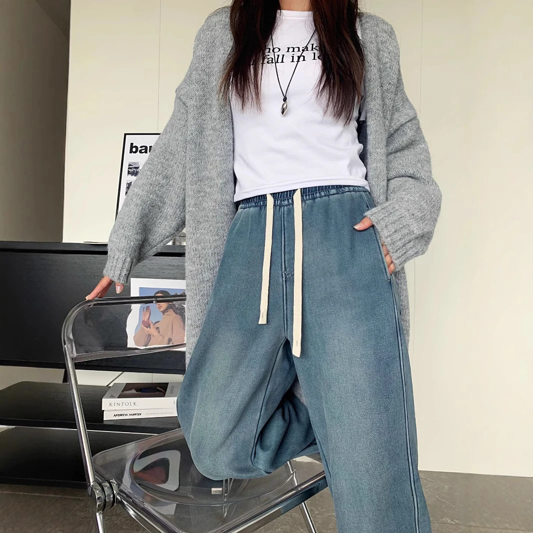 新款女装莱赛尔加绒牛仔弯朷裤女冬季宽松显瘦加厚垂感直筒香蕉裤