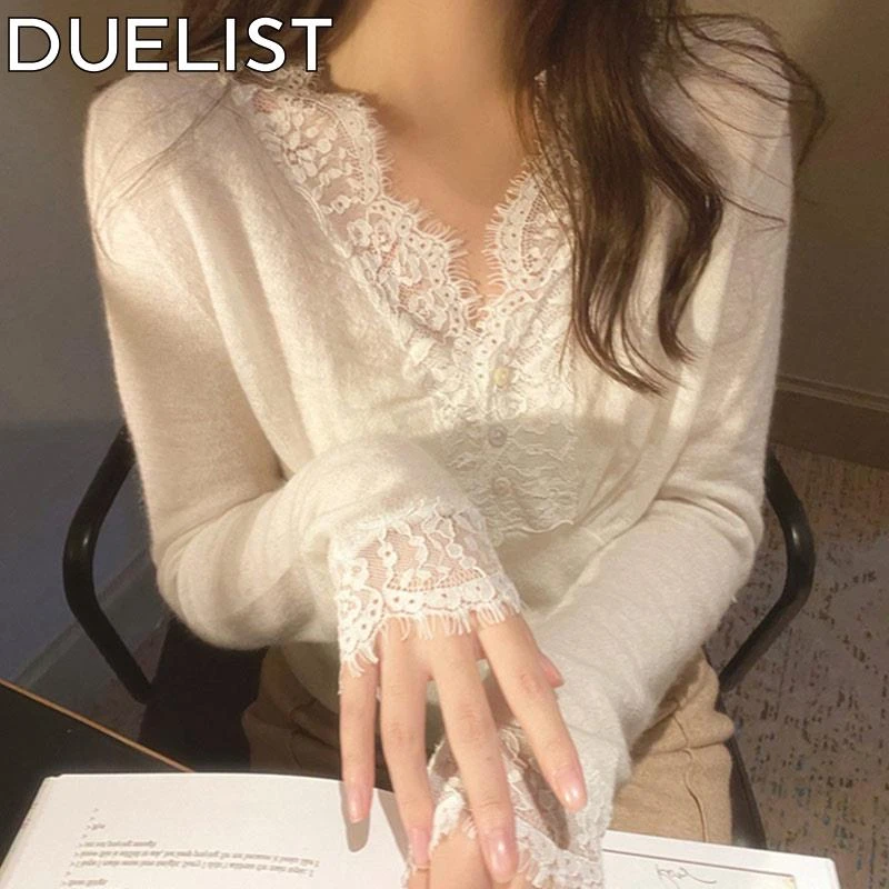DUELIST白色蕾丝打底衫内搭秋季洋派显瘦紧身针织衫外搭长袖小衫