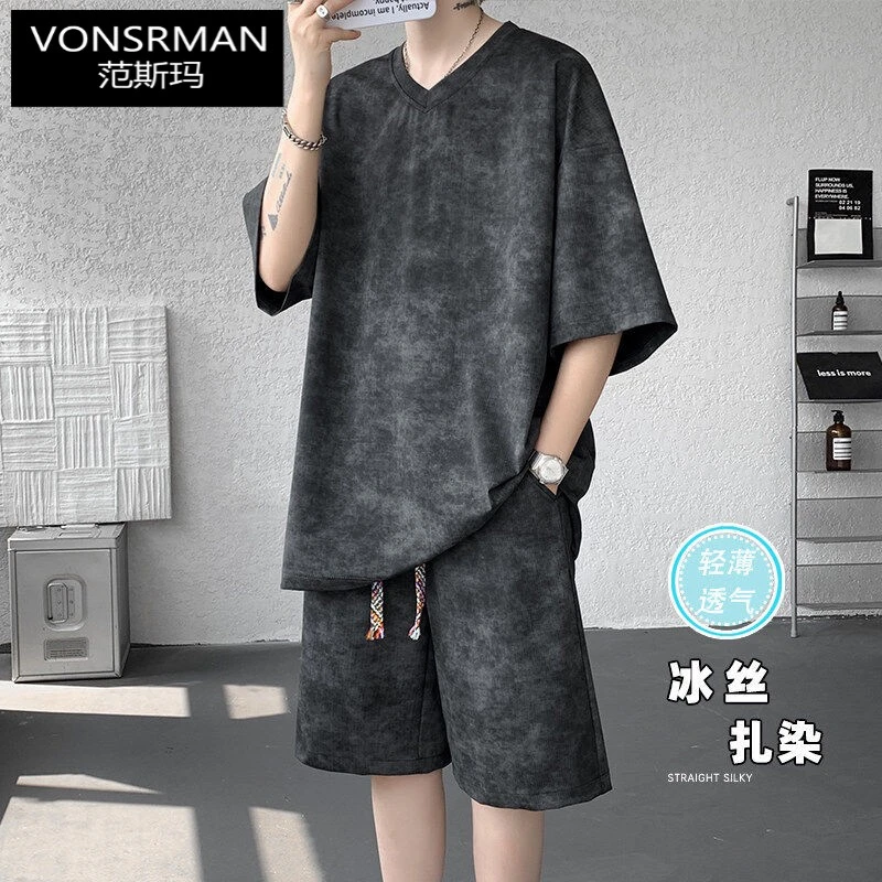 冰丝套装男夏季潮牌复古扎染短袖t恤搭配短裤运动衣服休闲两件套