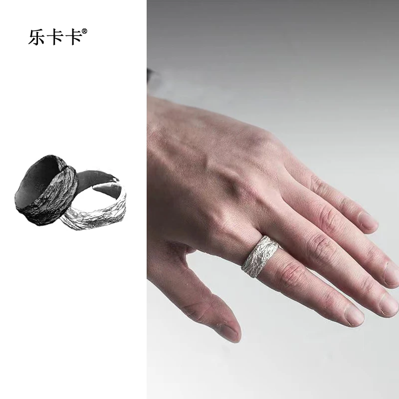 钛钢戒指 个性黑白纹理食指戒潮流开口复古断层戒指男暗黑风小众