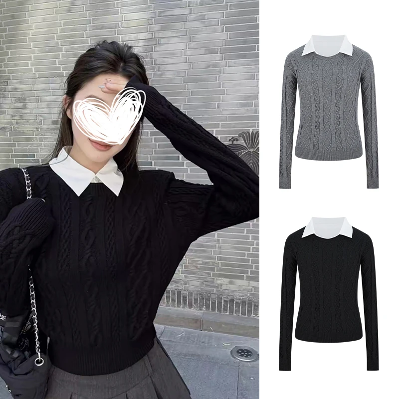 Moses Queen/魔西女王韩系假两件衬衫领毛衣慵懒高级感针织衫上衣