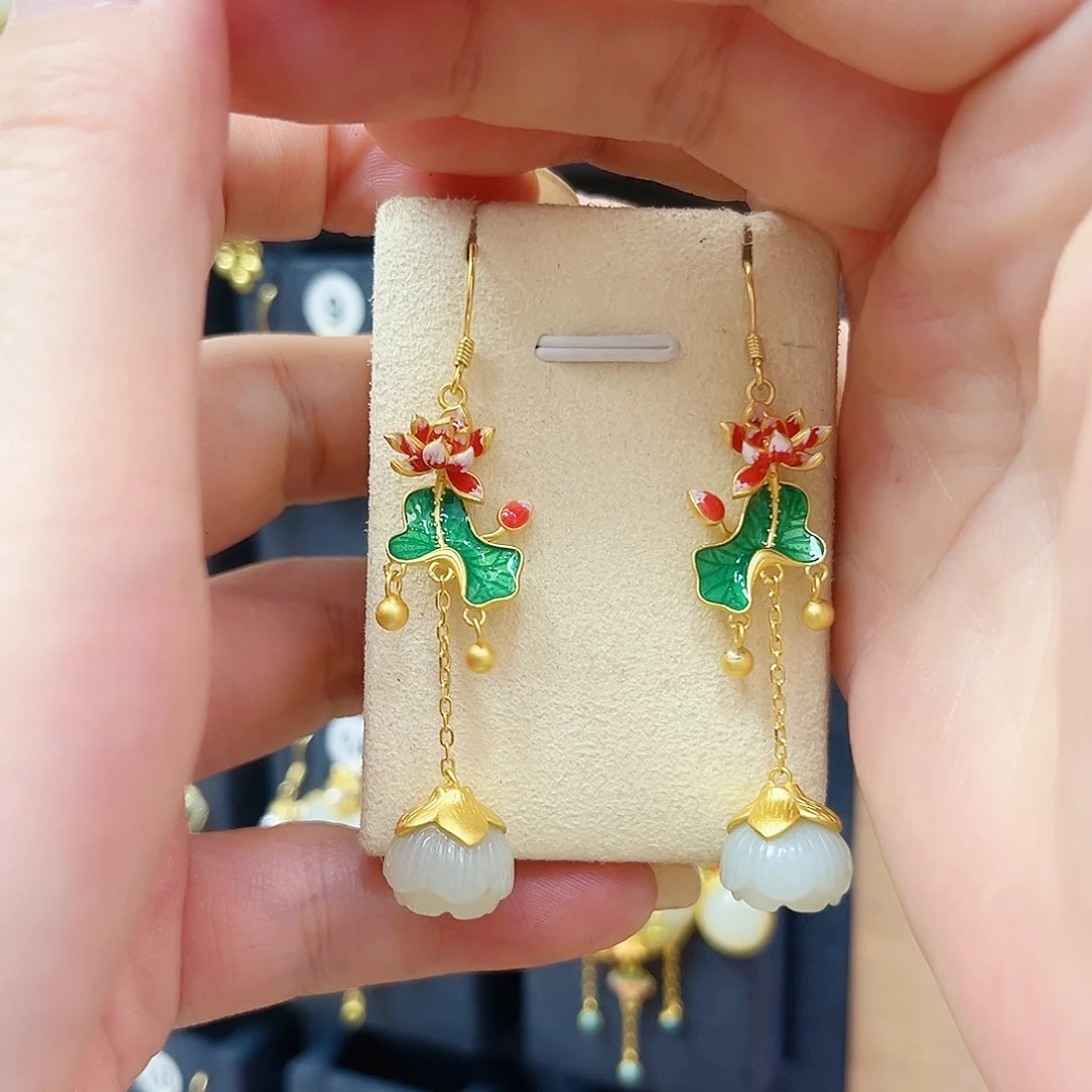 和田玉银S925镀金镶嵌耳饰