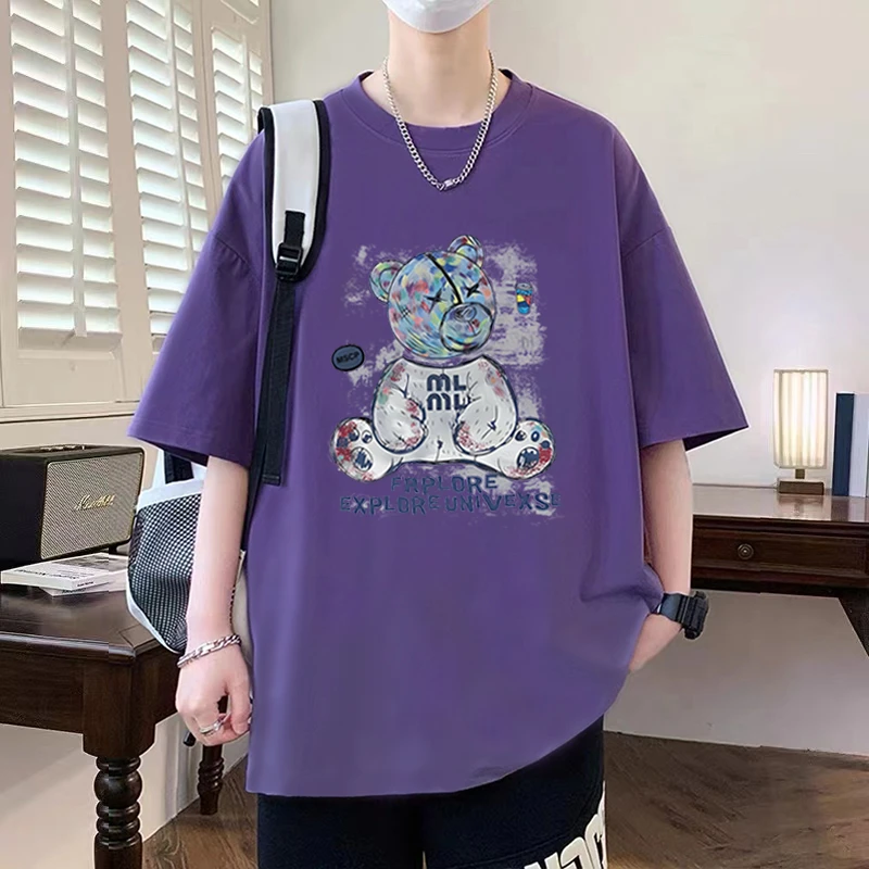 2025夏季新款纯棉短袖T恤男生宽松大码上衣欧美式潮酷卡通半截袖