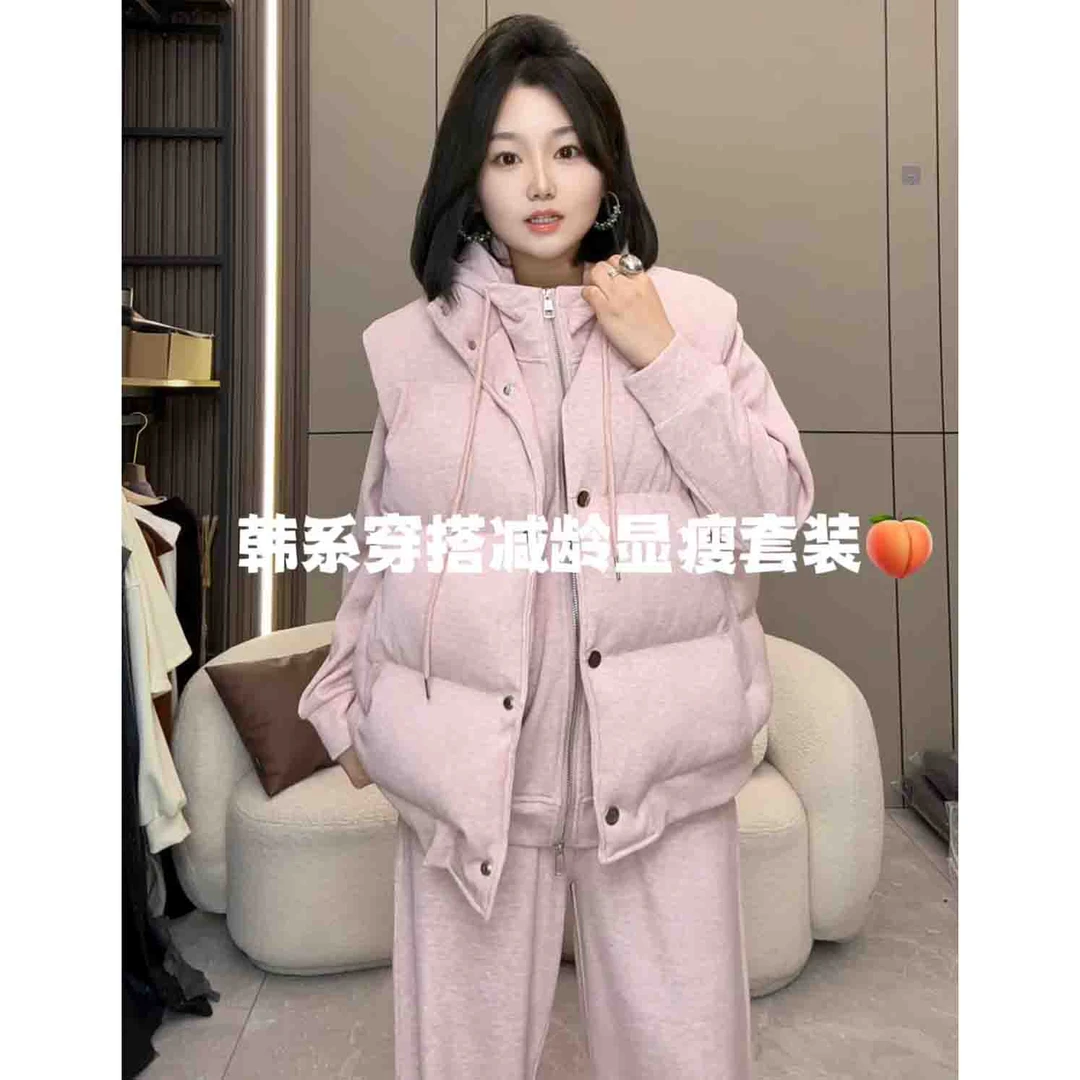 【慧雯儿微胖定制】冬季新款韩系穿搭加绒加厚卫衣棉马甲三件套