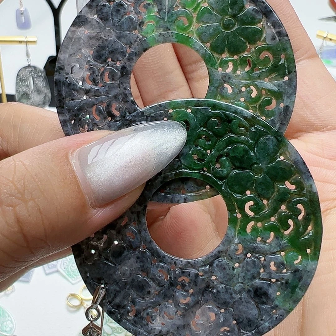 翡翠银S925镶嵌耳饰菊**悠天然缅甸A货翡翠