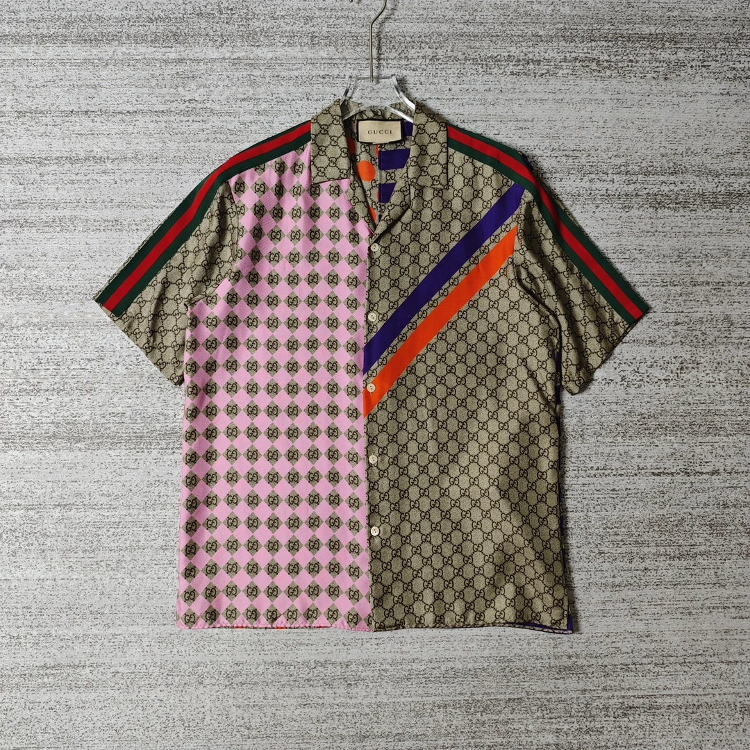 99新 GUCCI/古驰 SS22双G印花斜纹休闲短袖衬衫/46码＃3096
