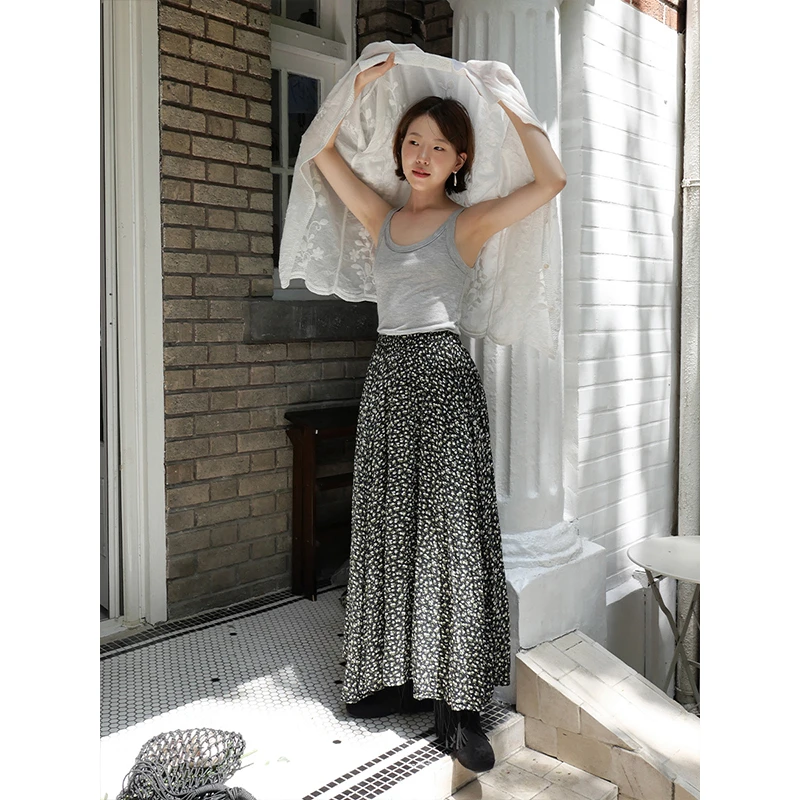 【素简】浪漫法式碎花经典A摆扭褶半裙 不对称大裙摆灵动裙1037