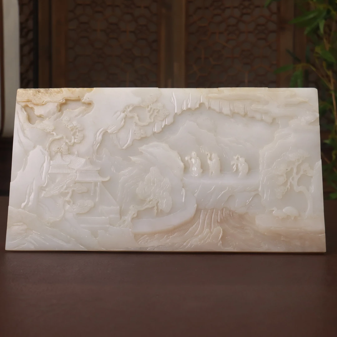 【清】白玉山水人物屏风（宽30.7cm高16.6cm重1446g）