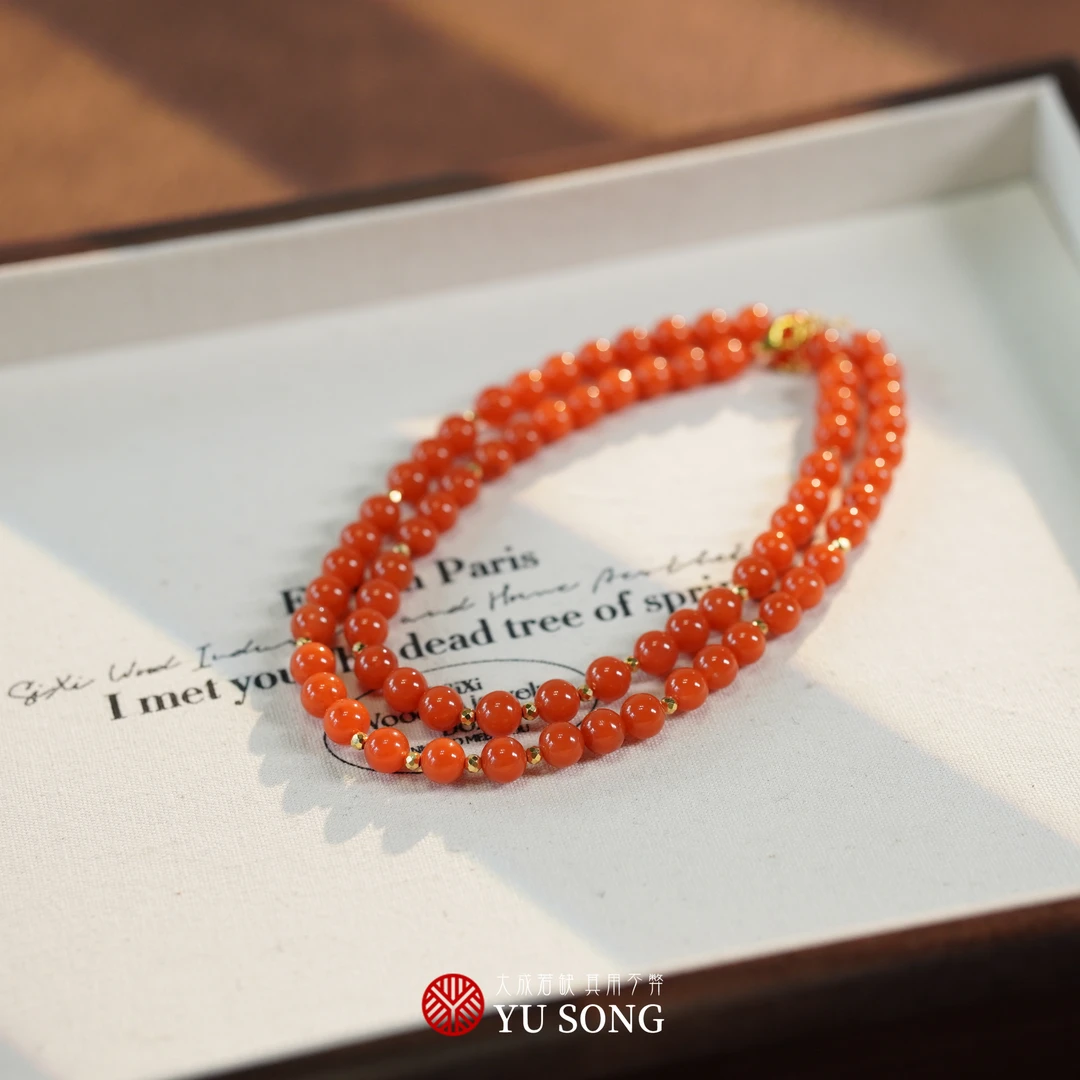 予松【ZHH1306】原矿无胶柿子红南红项链18K金镶嵌 长48+2cm 珠5~6m