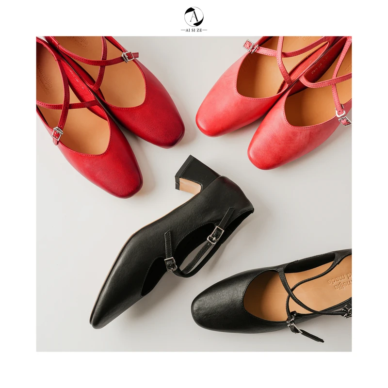 跟高6cm/34-39/复古交叉扣带浅口单鞋鞋子平底皮鞋时尚红色跟鞋