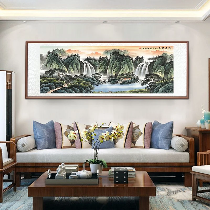 带框装裱 艺术微喷《 源远流长》带鹿 中式国画装饰画山水花鸟画