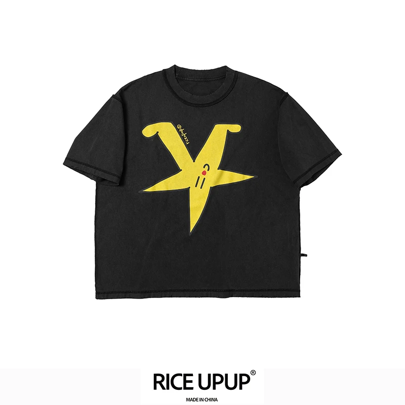 RICEUPUP-“一颗星”黑色水洗星星印花T恤
