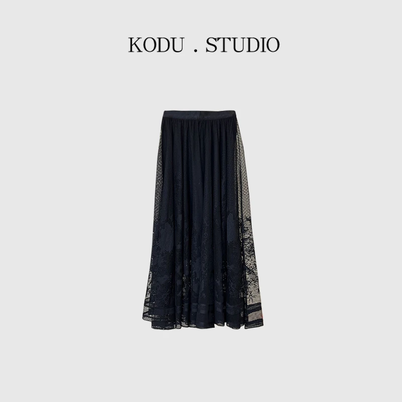 【刻度KODU】KF-5030春季新品气质百搭纯色高腰网格蕾丝花边半身裙