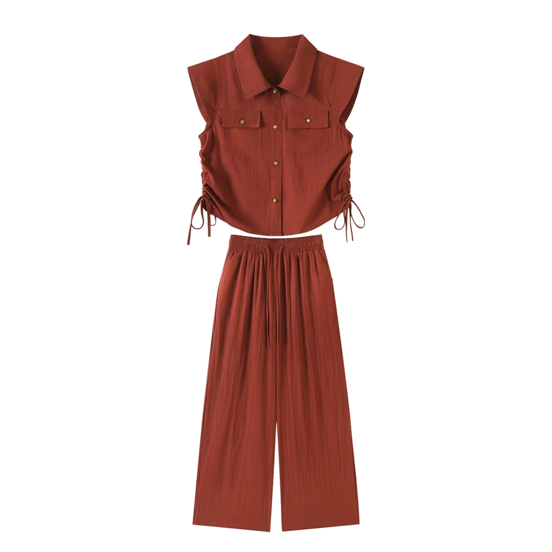 【静秋专属】港风复古无袖衬衫搭宽松长裤套装女夏两件套TU00007