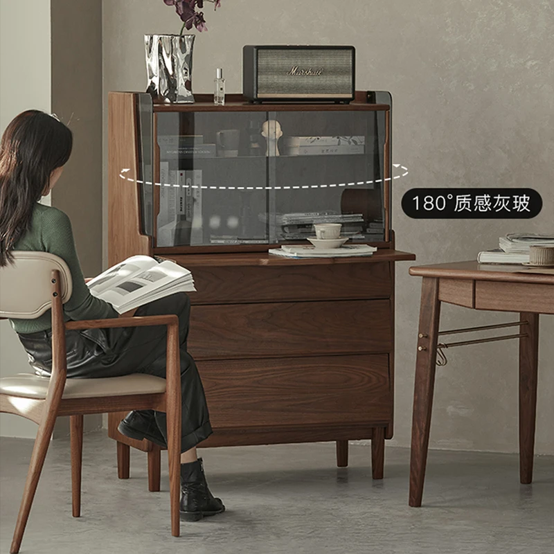 北美黑胡桃木全实木卧室五斗柜客厅餐边柜梳妆台玻璃茶水柜储物柜
