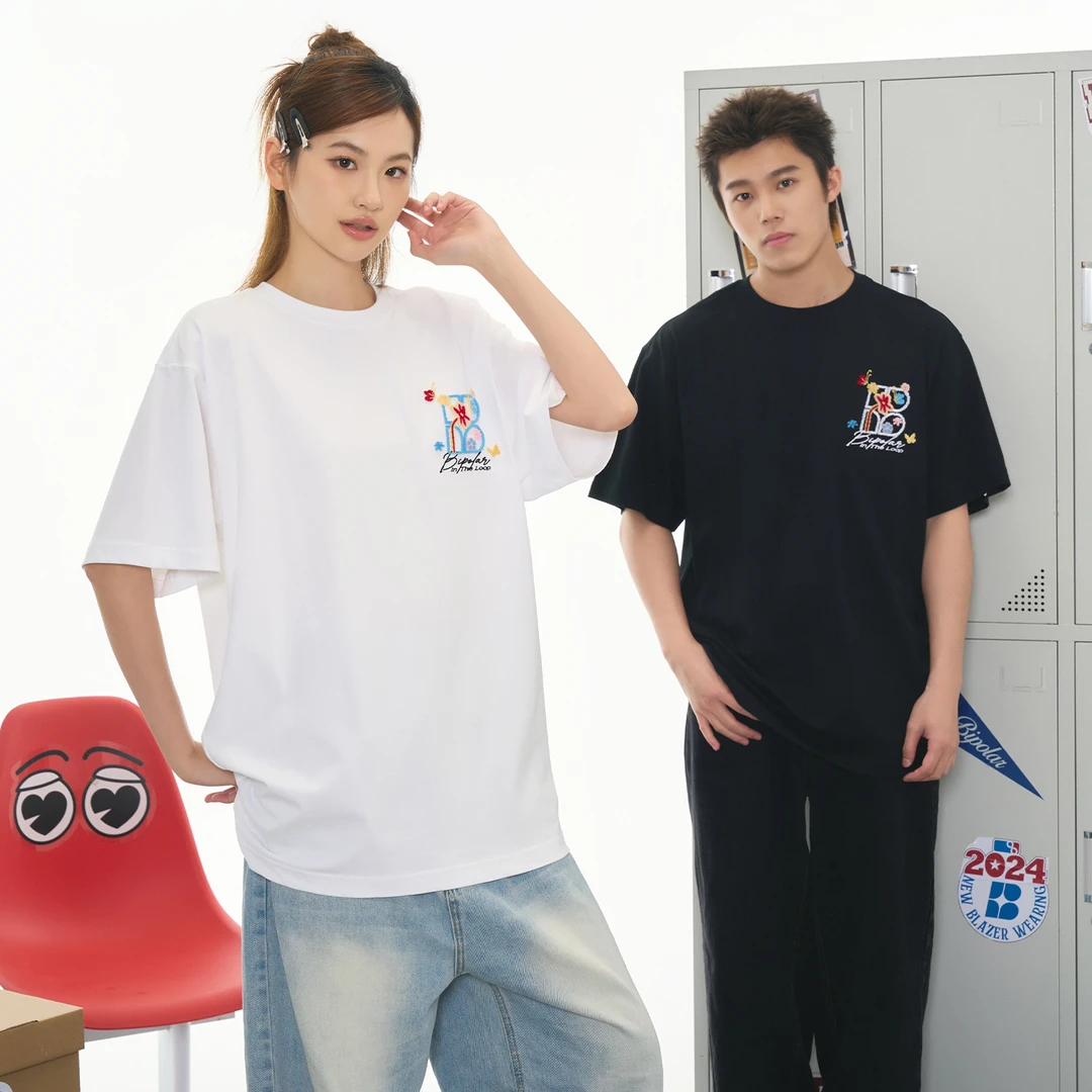 BIPOLAR牙刷绣花朵运动纯棉夏季情侣百搭潮流短袖T恤11K057