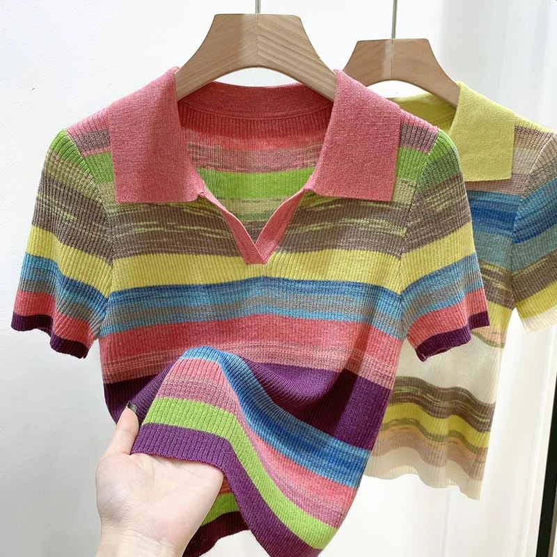 大码复古撞色条纹翻领冰丝短袖T恤女微胖妹妹设计感休闲宽松上衣