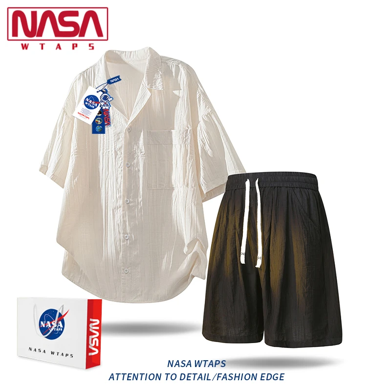 NASA WTAPS古巴领短袖衬衫套装男夏季冰丝薄款衬衣肌理感宽松上衣