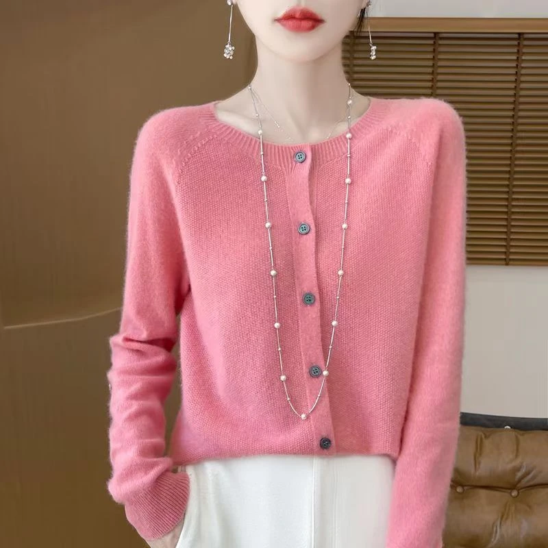 011【一线成衣】100%纯羊毛桂花针针织衫秋冬必备圆领开衫上衣百搭