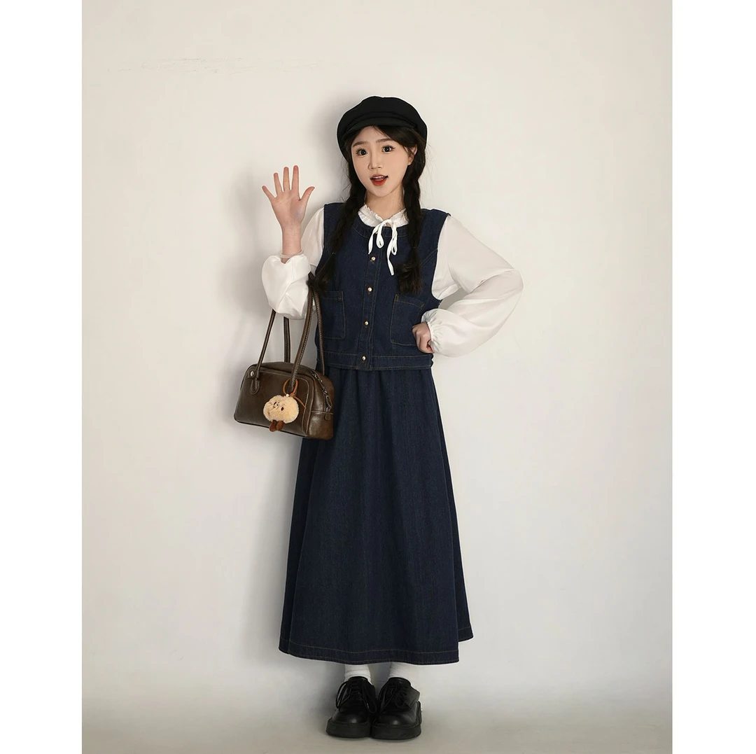 洋洋子【北海道】牛仔套装长袖衬衫牛仔马甲+牛仔半身裙实拍三件套