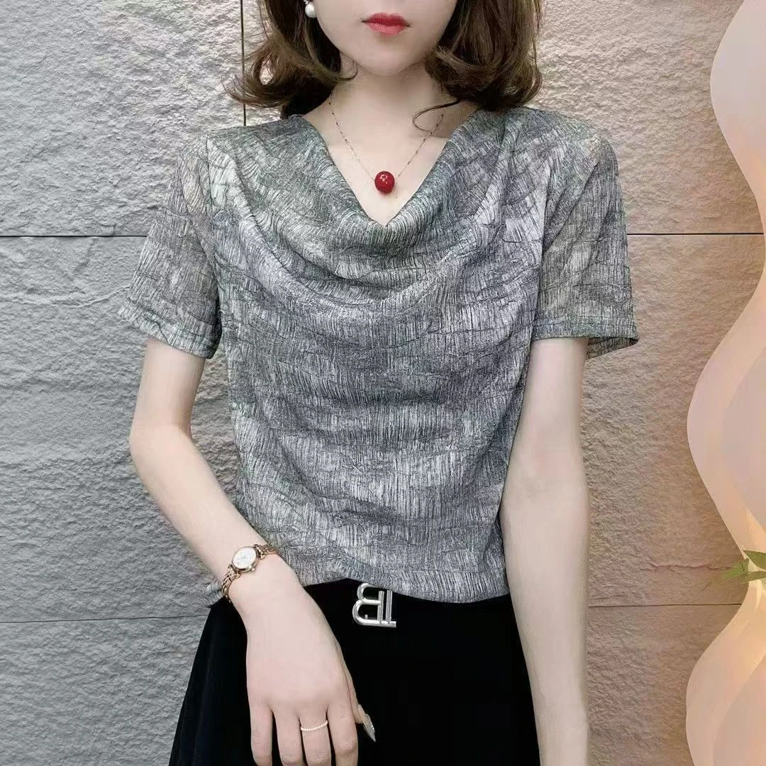 时尚套头网纱岩石纹理气质减龄设计堆堆领短袖弹力透气中年女上衣