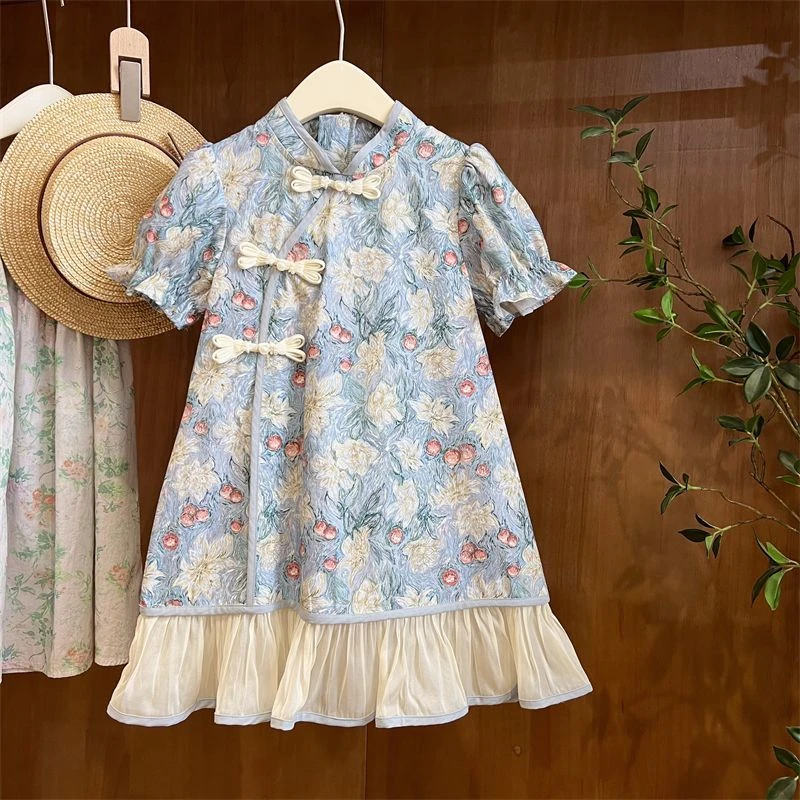 女童夏季短袖旗袍裙新中式儿童碎花裙子洋气中国风女宝连衣裙