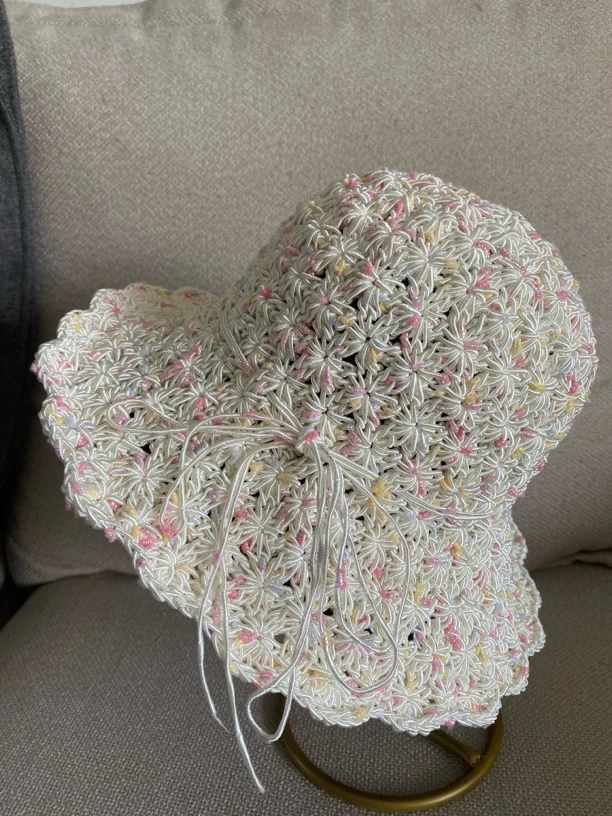 成品手工勾织繁花似锦龙须藤线遮阳帽 太阳帽渔夫帽防风骑行帽