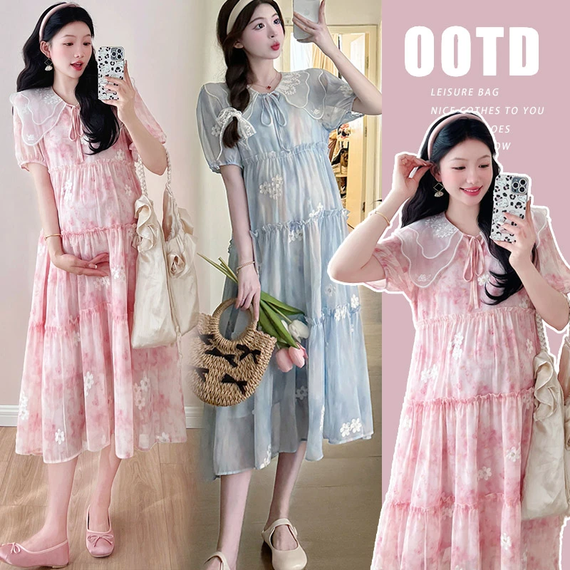 2025孕妇装时尚宽松刺绣显瘦遮肚长款连衣裙大码碎花气质夏季清凉