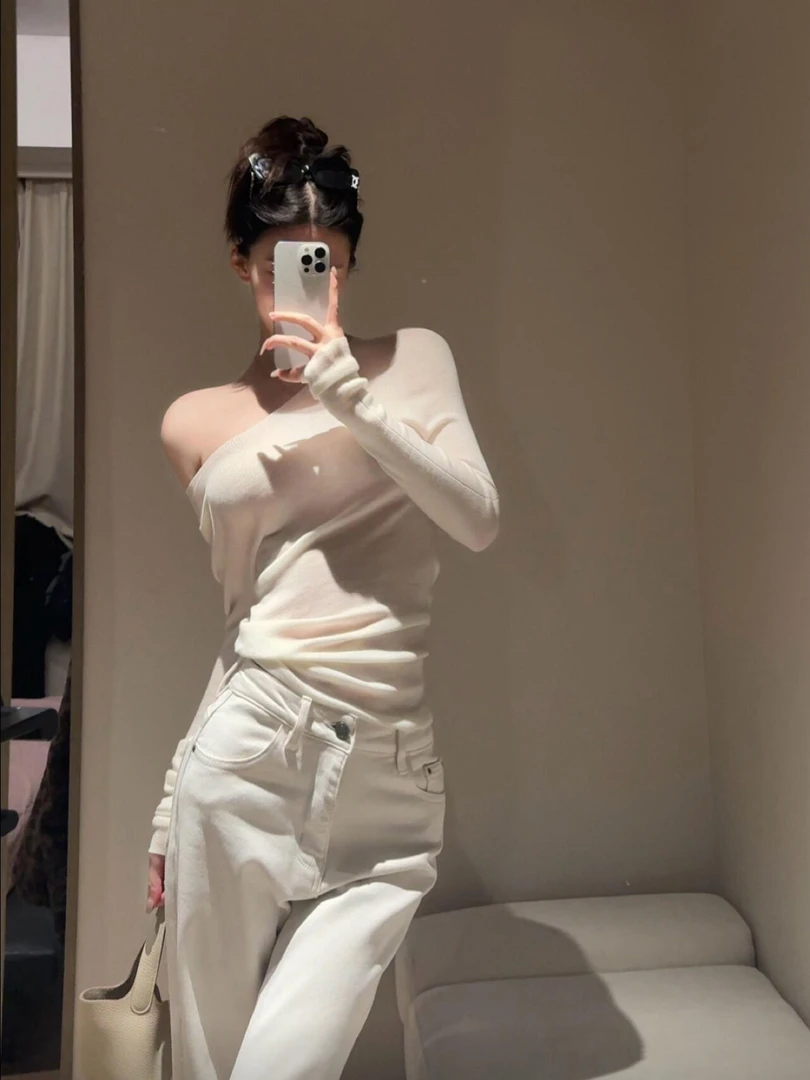 纯欲辣妹斜肩针织衫女秋冬性感修身显瘦内搭打底上衣休闲裤两件套