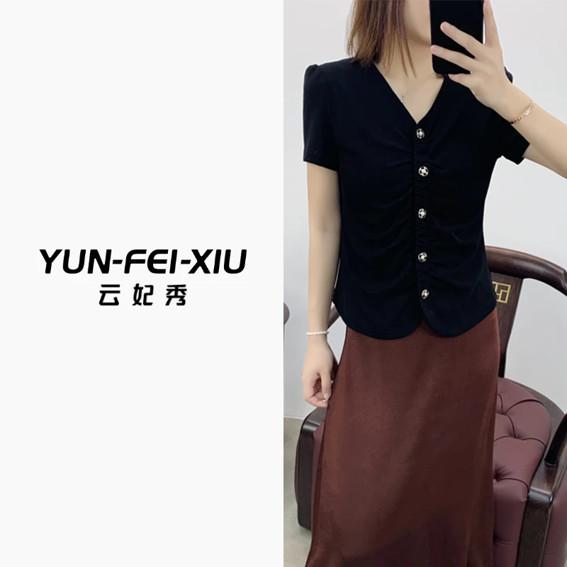 云妃秀大码女装T恤时尚韩版褶皱收腰显瘦气质简约百搭上衣夏6017