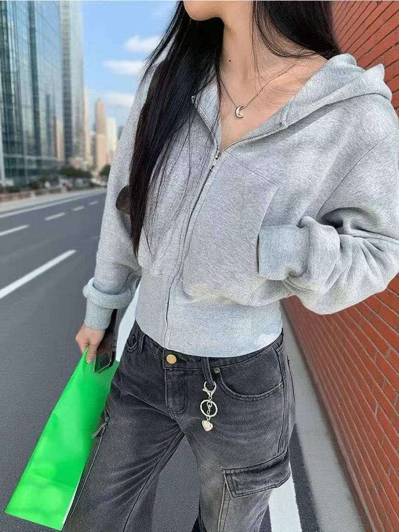 秋冬小个子浅灰纯色拉链开衫连帽卫衣基础百搭运动休闲上衣外套女