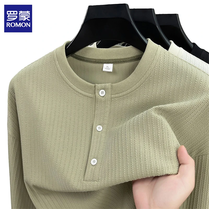 罗蒙中青年男士圆领纯色秋季修身套头男士卫衣长袖宽松型春季纽扣