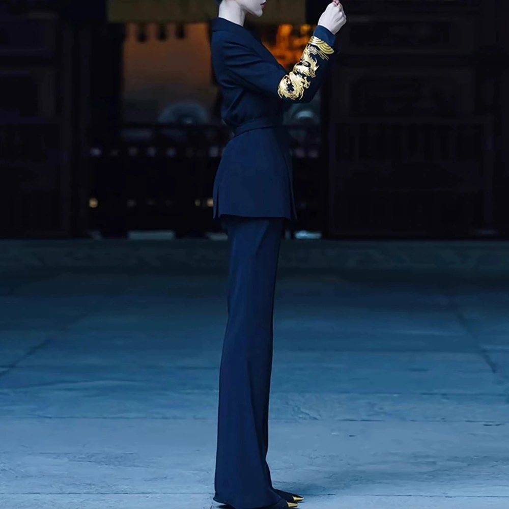 高定女士西服套装春季新中式国风金龙刺绣西装两件套长袖气质春秋