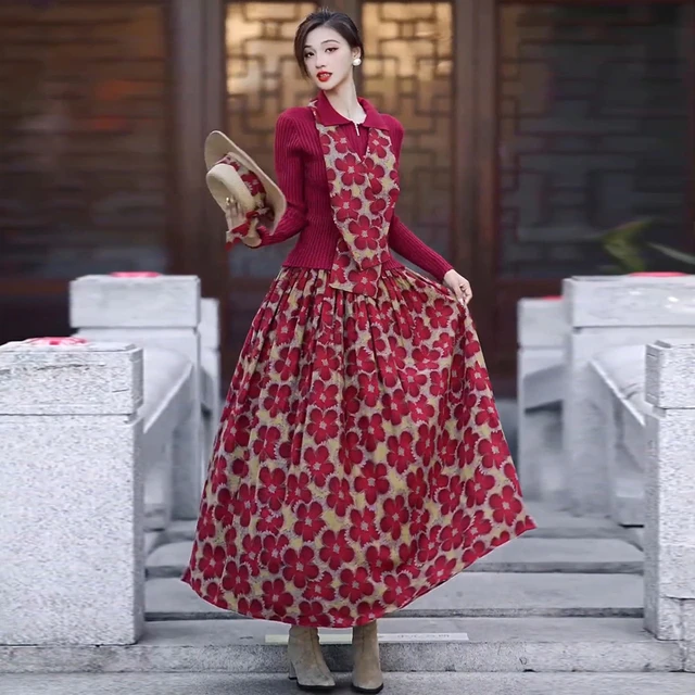 亚麻棉花色印花套装裙女2025春季新款修身针织衫胖mm半身裙两件套