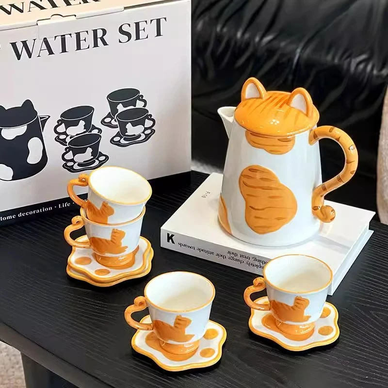 新款创意猫咪水具套装陶瓷材质冷水壶组合果叉牛奶饮料高颜值水壶