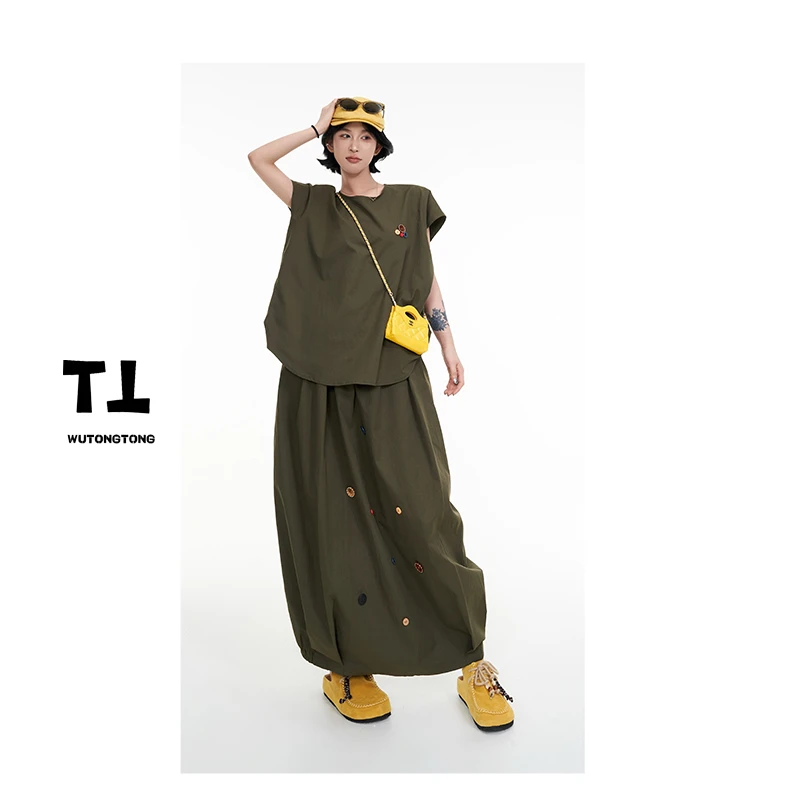 吴童童现货【乌珊】夏季宽松T恤两件套女韩版半身裙套装62193