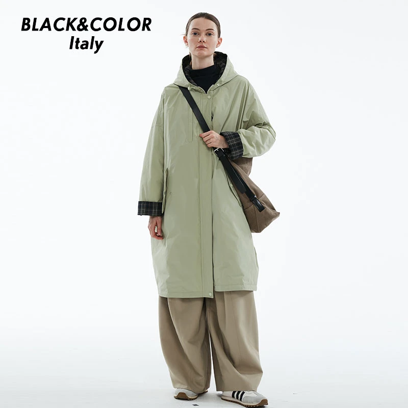 Black&color风衣羽绒服女中长款过膝连帽宽松时尚95白鹅绒外套