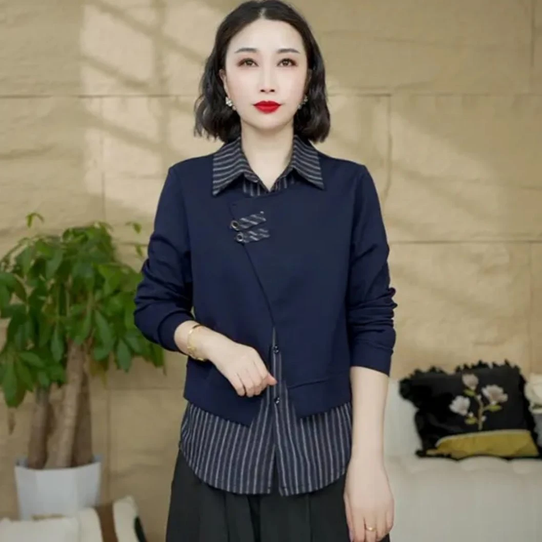 气质翻领女装时尚套装假两件早秋休闲风拼接显瘦洋气长袖