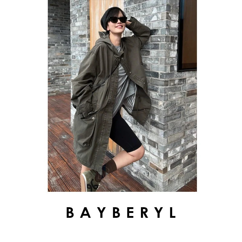 BAYBERYL老贝派克风衣做旧绿美式复古连帽中秋外套FY5E3007-8/17