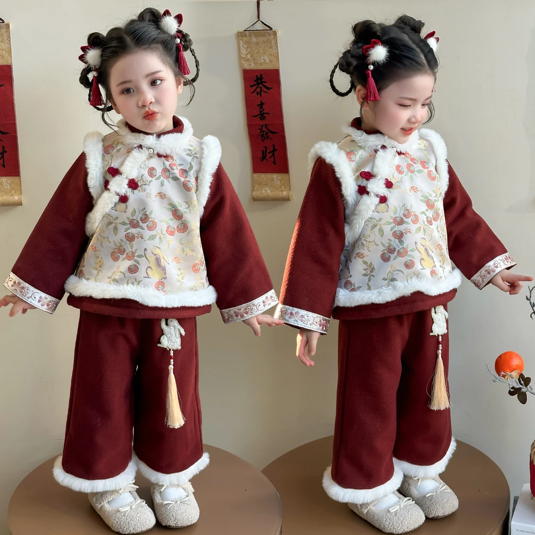 冬季花朵中国风厚款印花套装加绒古风加厚古装