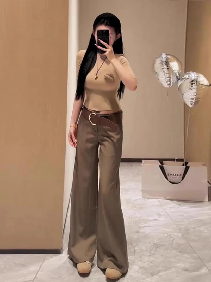 咖色休闲西装裤女秋季2025新款小个子裤子高腰垂感宽松直筒阔腿裤