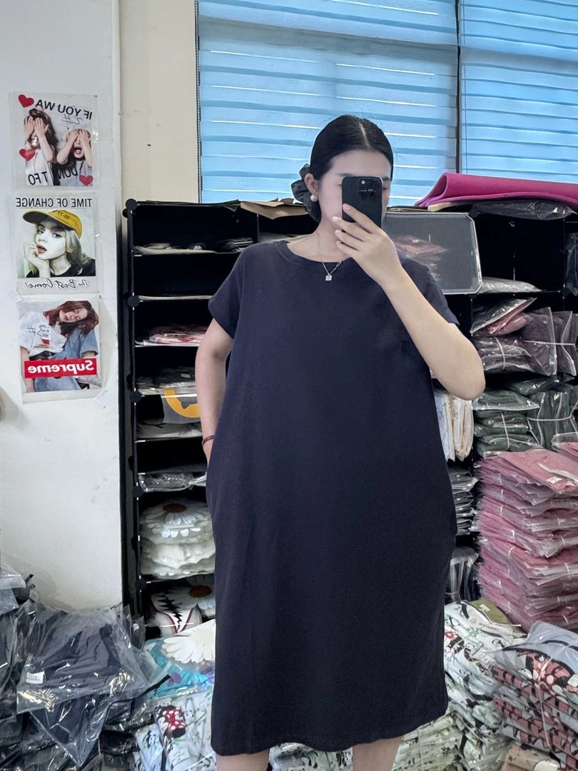 女夏休闲珠地棉法式一字领气质简约宽松显瘦中长款连衣裙