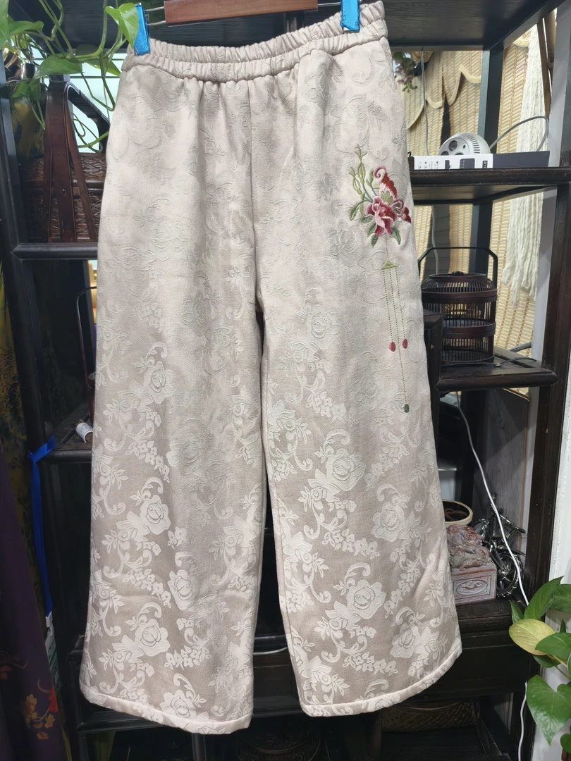中式提花刺绣加绒阔腿裤