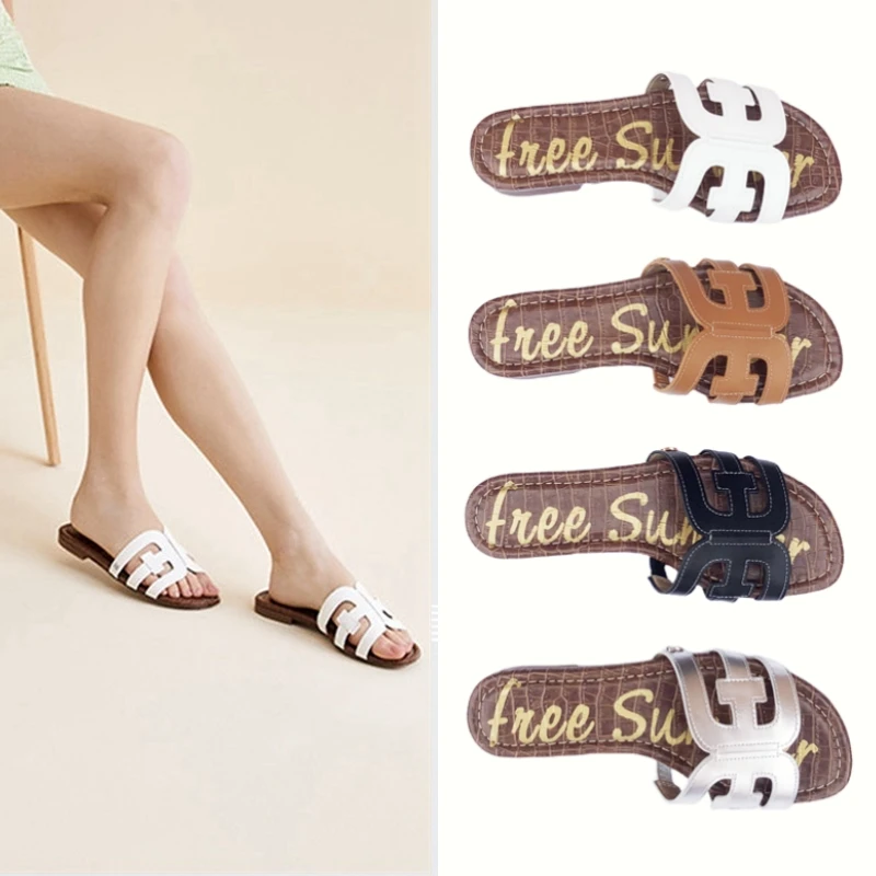 小妹同款Sam夏季外穿拖鞋一字凉拖女软底牛皮镂空沙滩凉鞋h拖